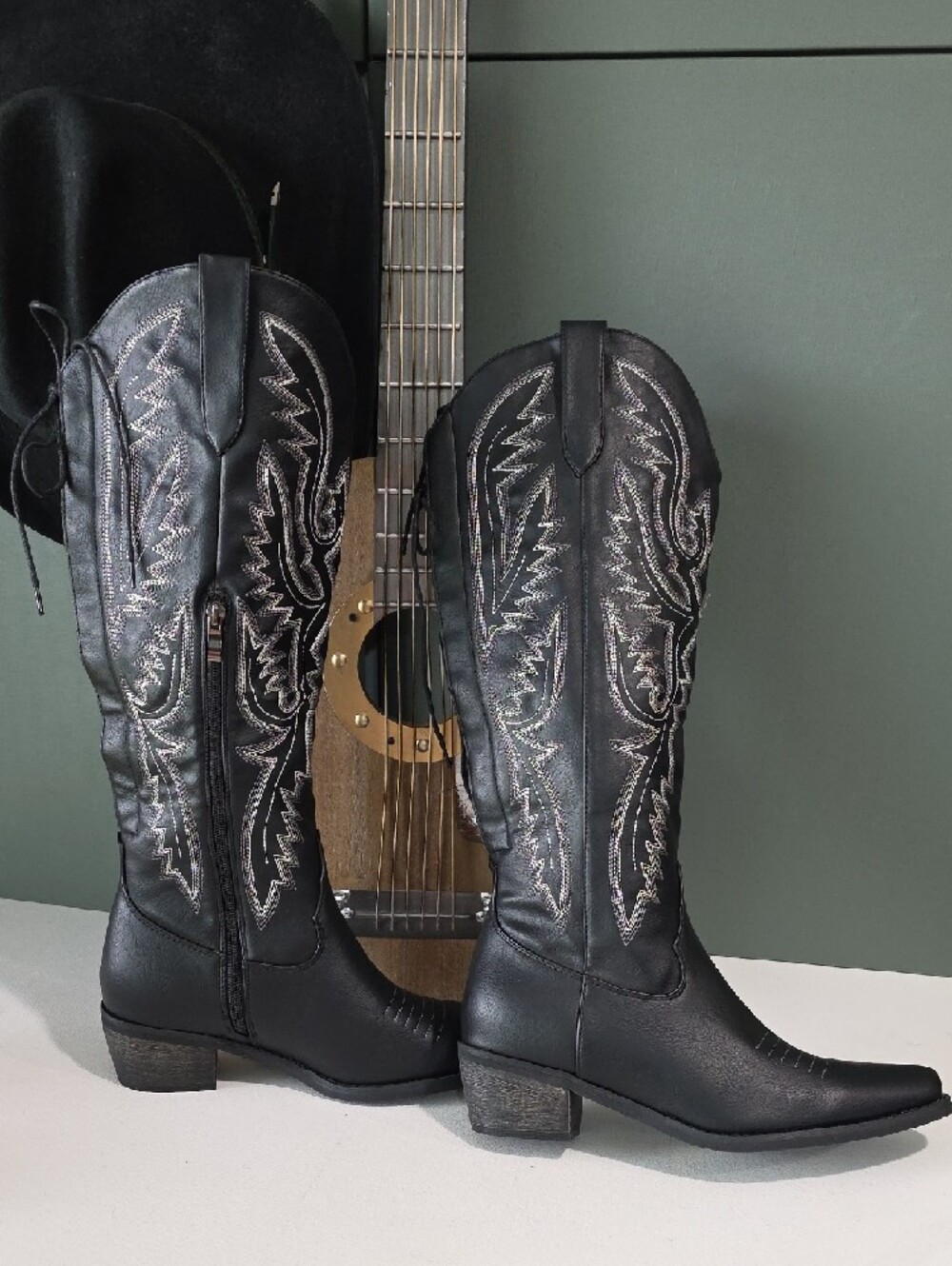 Onlymaker Black Embroidered Cowboy Boots Knee High Western Cowgirl Sz 9 - Picture 6 of 10